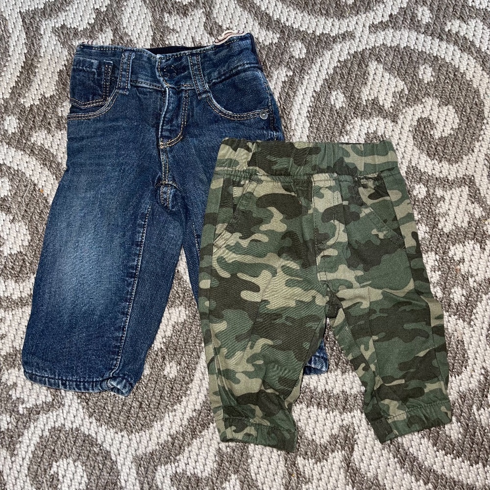 2 Pairs Baby Pants, fleece-lined jeans and Camo panys